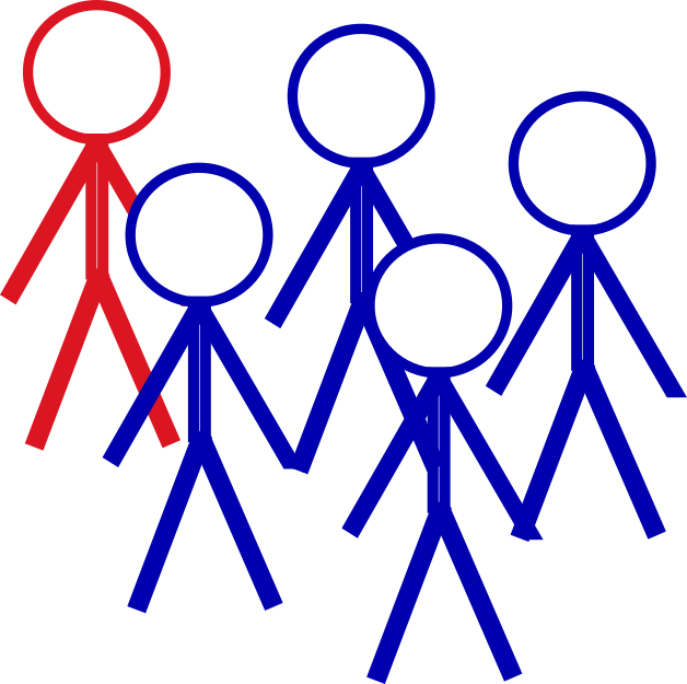 Ds Bild zeigt stylisierte Menschen, 4 blauen und im Hintergrund einen roten.